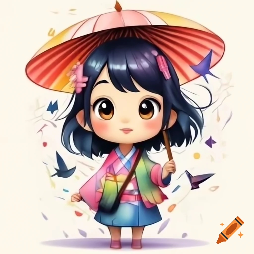 3D animated movie poster of Japanese girl with bangs and ponytail flying with umbrella
