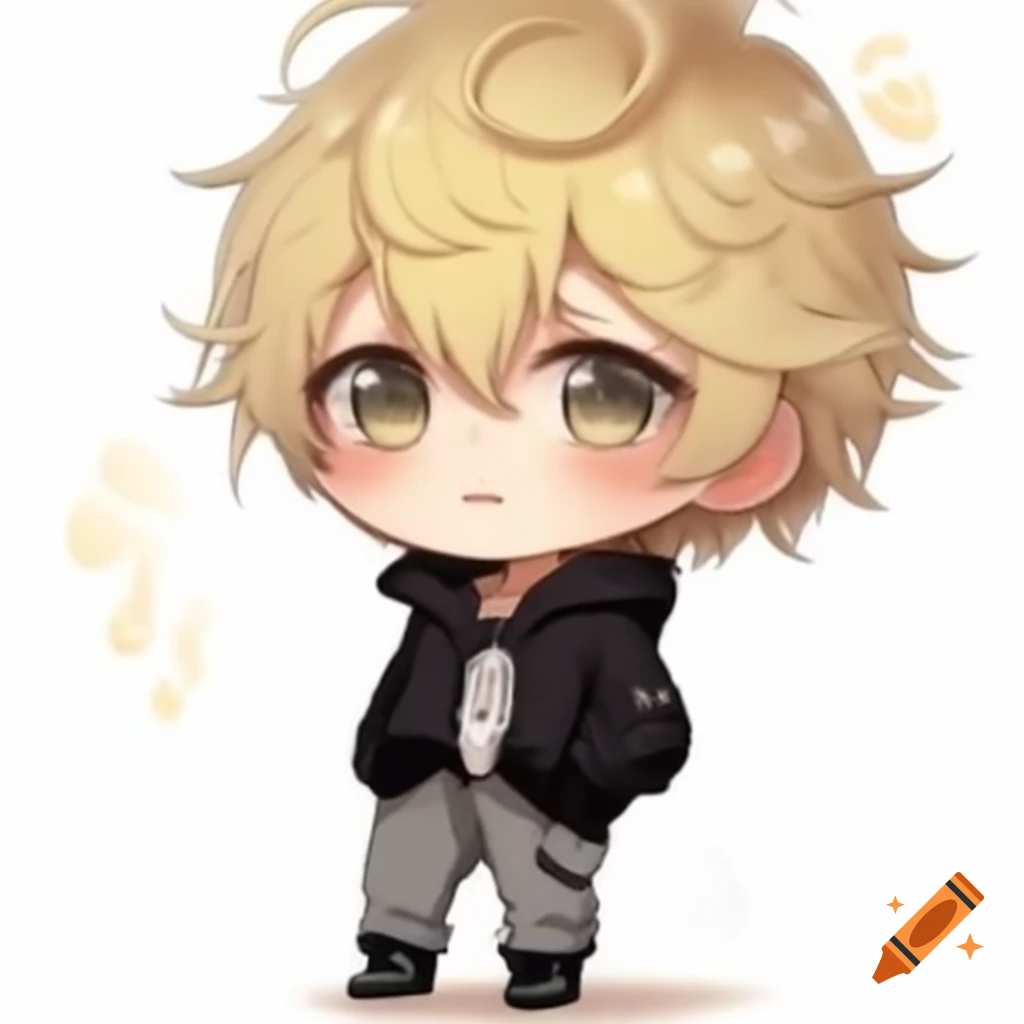 Chibi anime boy with messy blonde hair and brown eyes wearing black jacket and grey pants