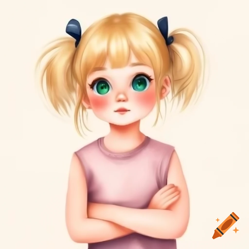 Anime girl with blonde hair and blue-green eyes wearing a pink sleeveless shirt