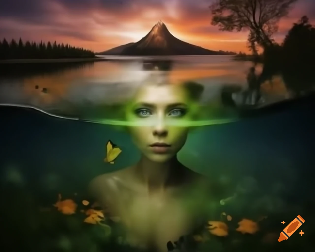 Surreal lifelike woman surrounded by ancient trees and wildflowers