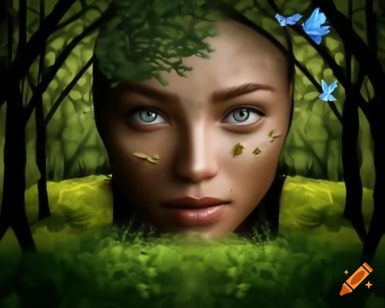 3D render of realistic woman's face in forest with old growth trees
