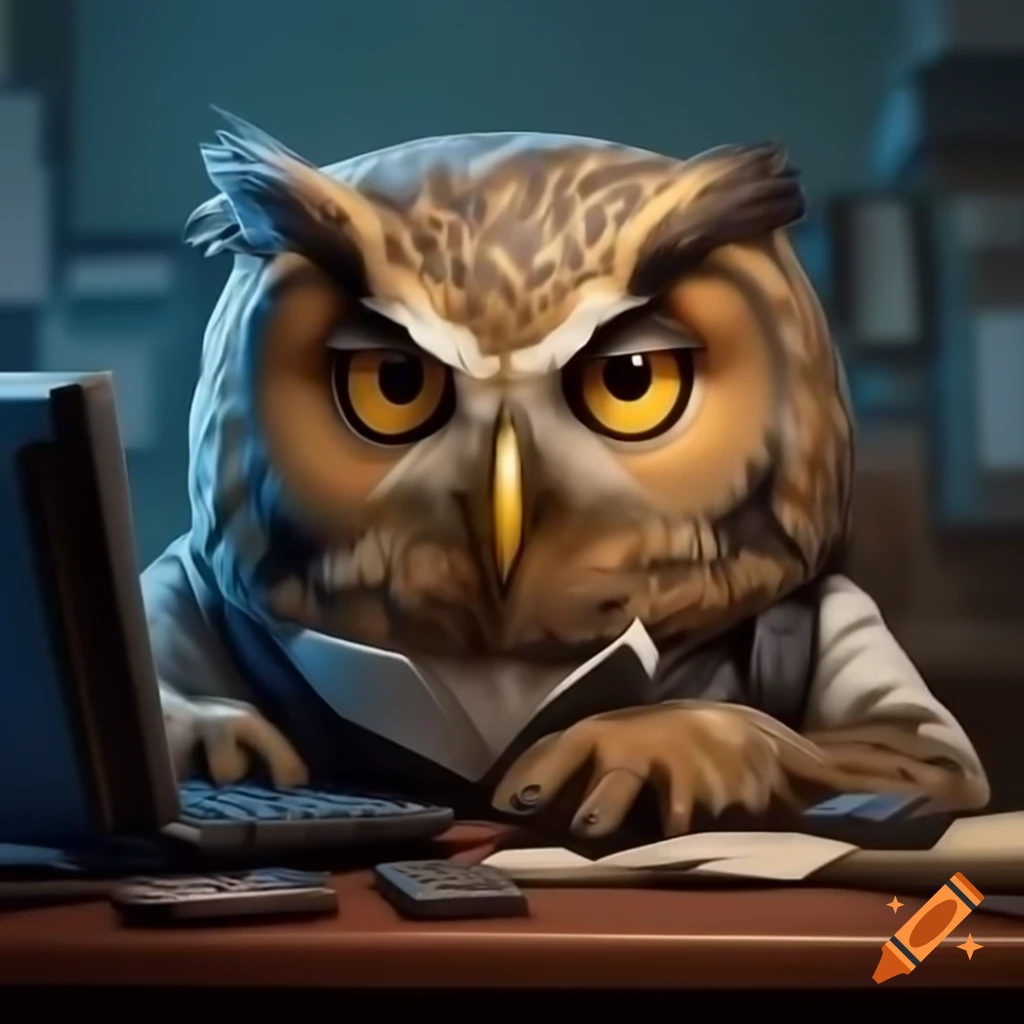 Tired employee with owl head working on computer