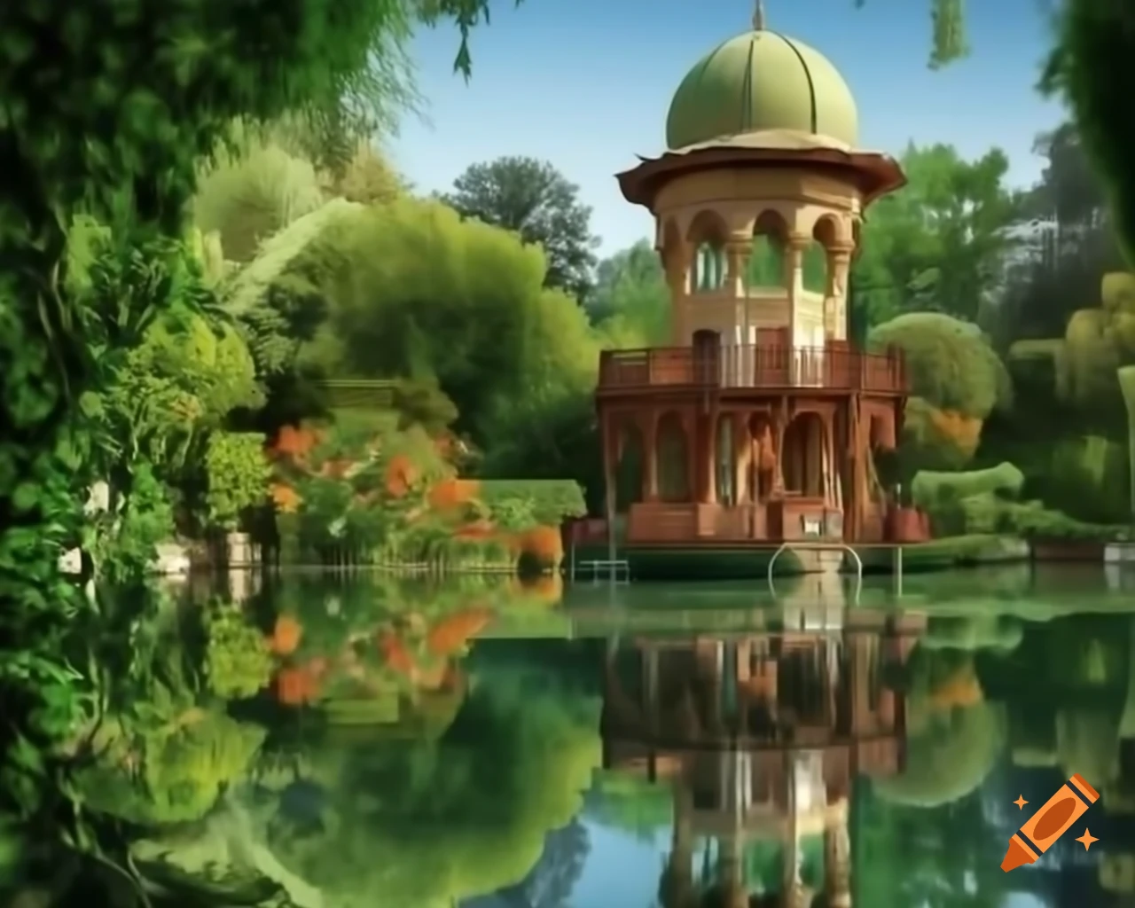 Lush Garden With High Trees Pond Fountain Baroque Stairway And lush-garden-with-high-trees-pond-fountain-baroque-stairway-and
