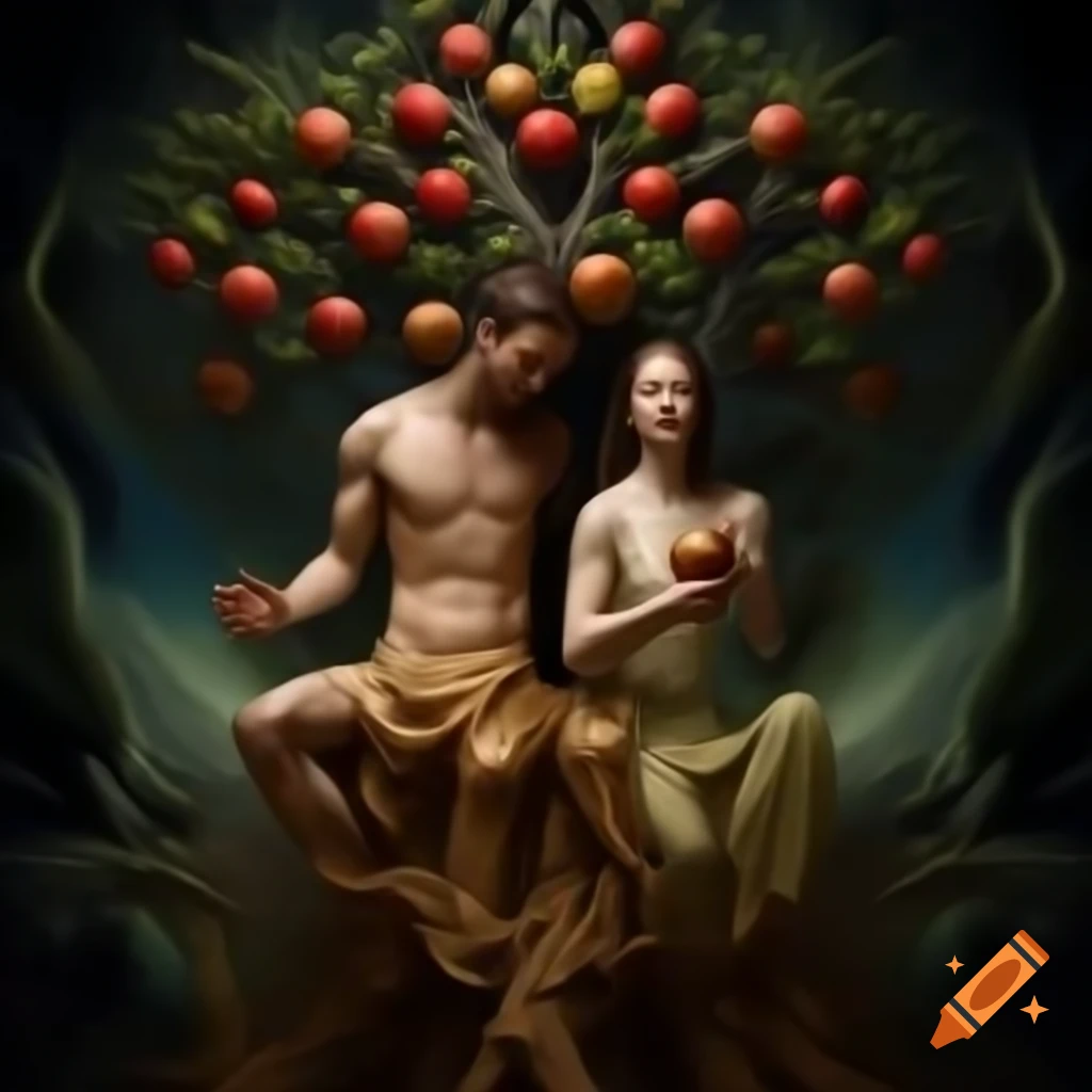 Photorealistic painting of Adam and Eve with apple in front of tree of wisdom and snake, dark psychedelic geometric background