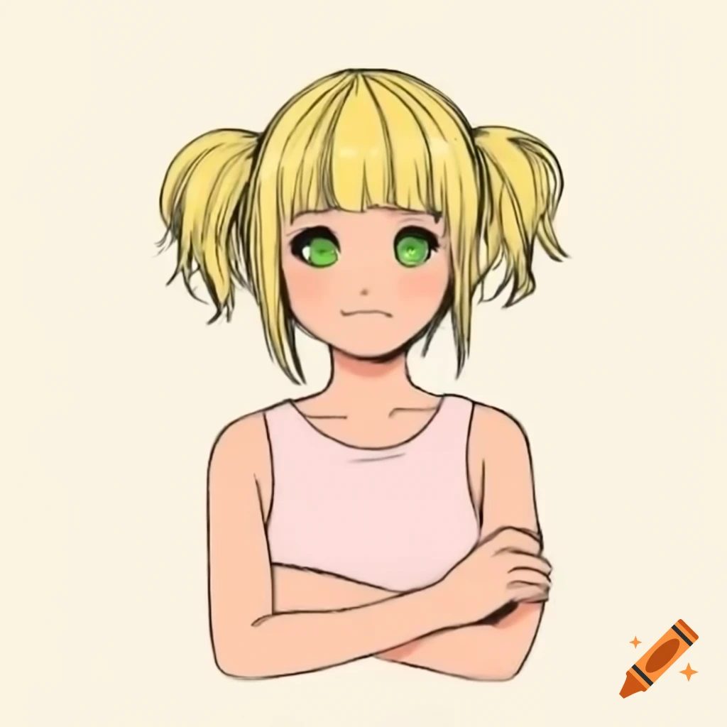 Anime girl with blonde hair and green eyes, wearing light pink t-shirt with arms crossed