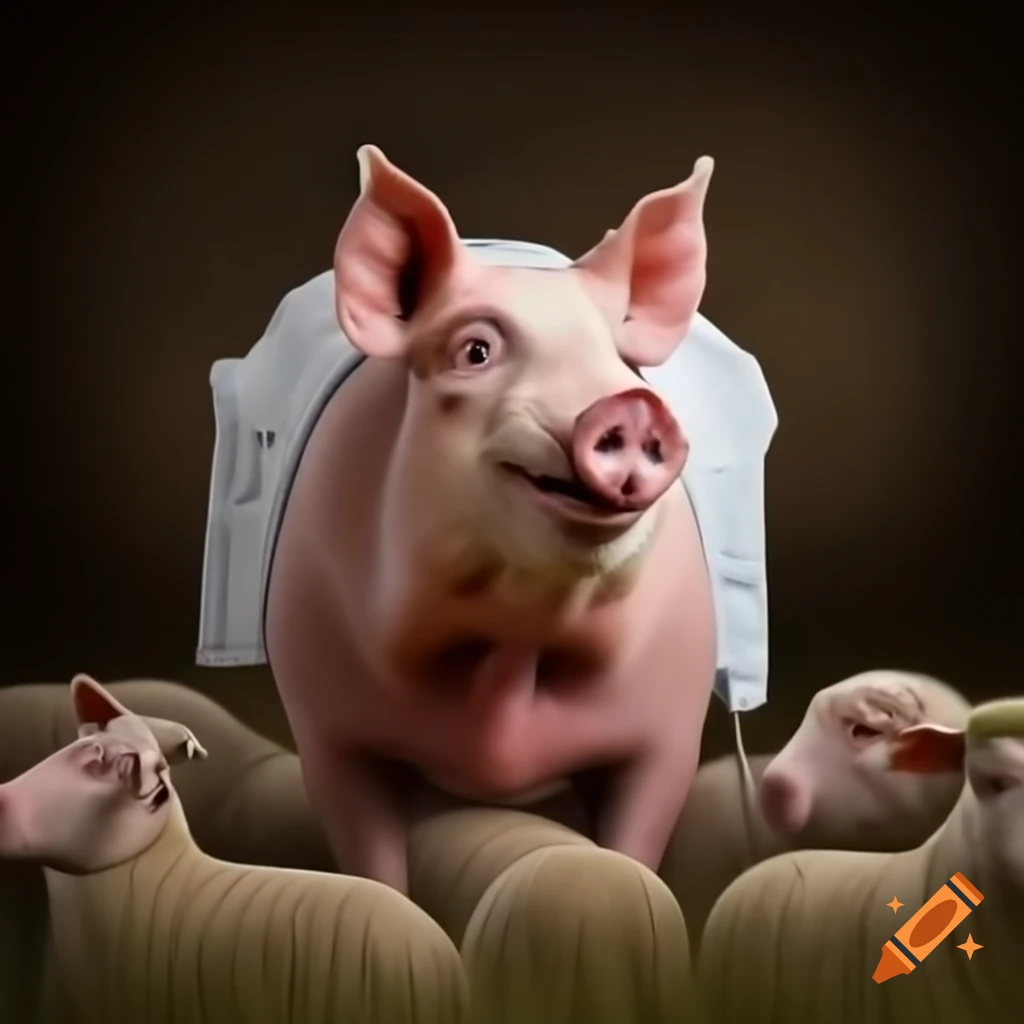 Photorealistic image of pig named Patrik herding sheep in nurse outfit