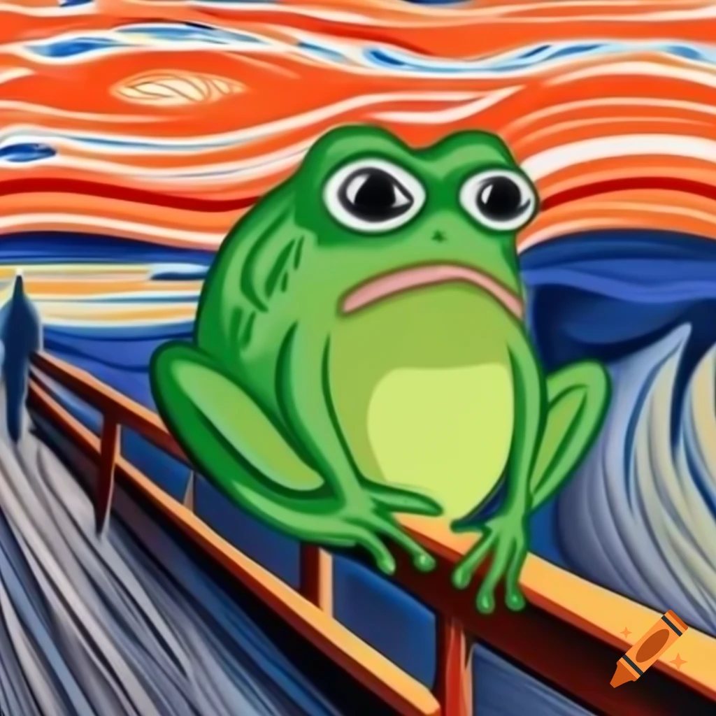 Frog with scared expression inspired by Edvard Munch's The Scream