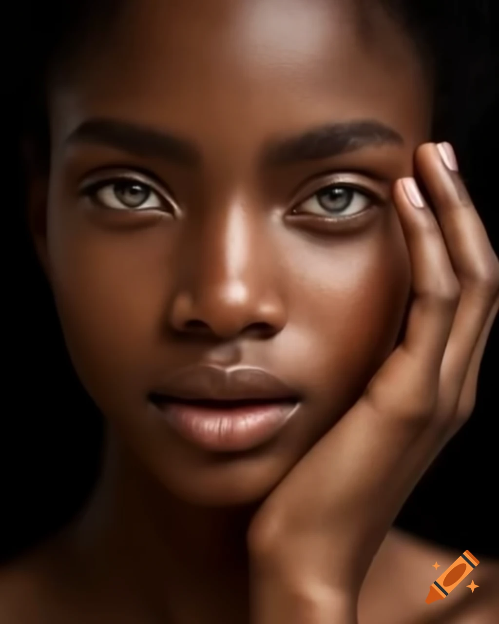 Close-up of hand touching face with radiant skin in soft natural lighting