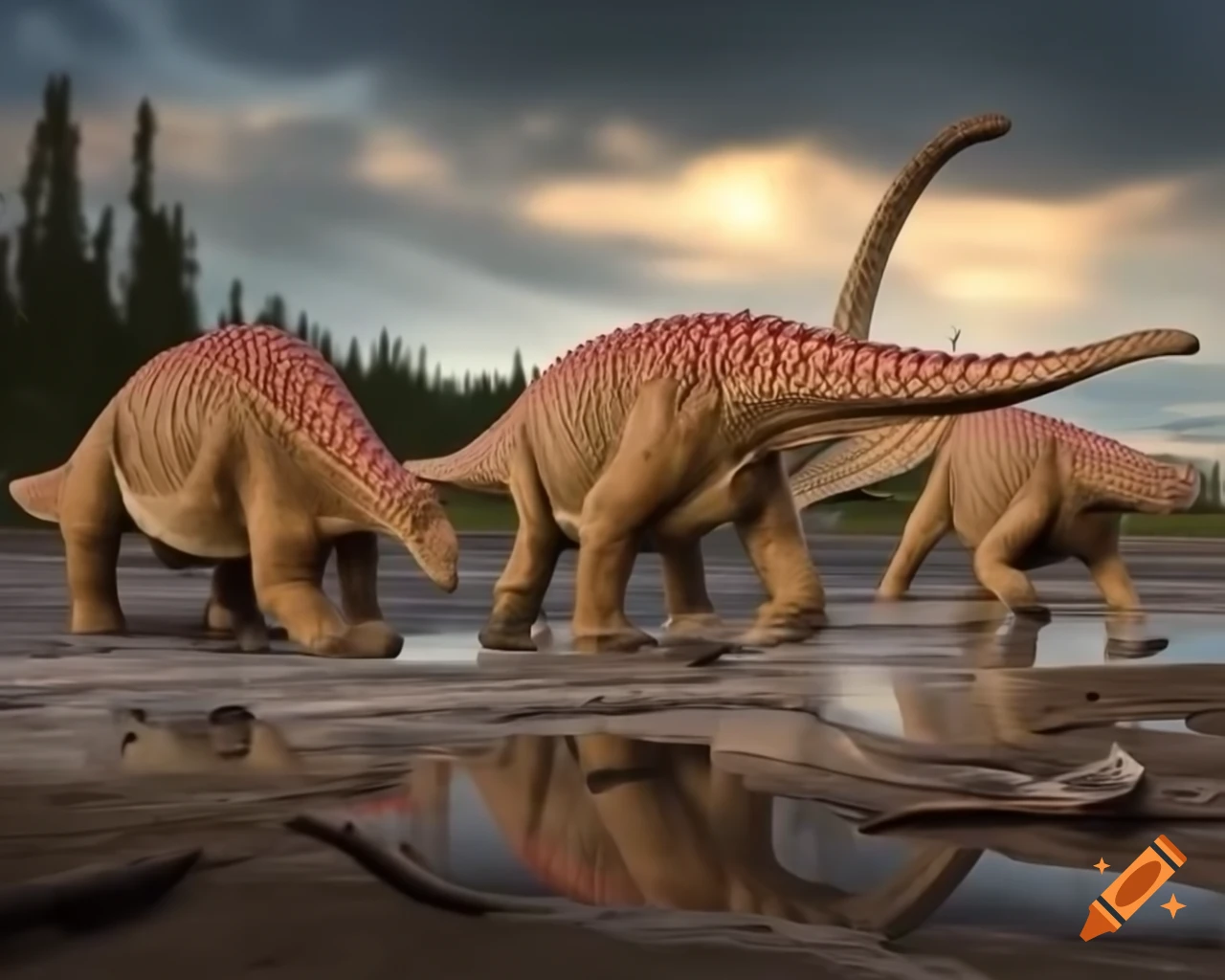 Group of Iguanodon dinosaurs crossing mudflat with driftwood in British Columbia