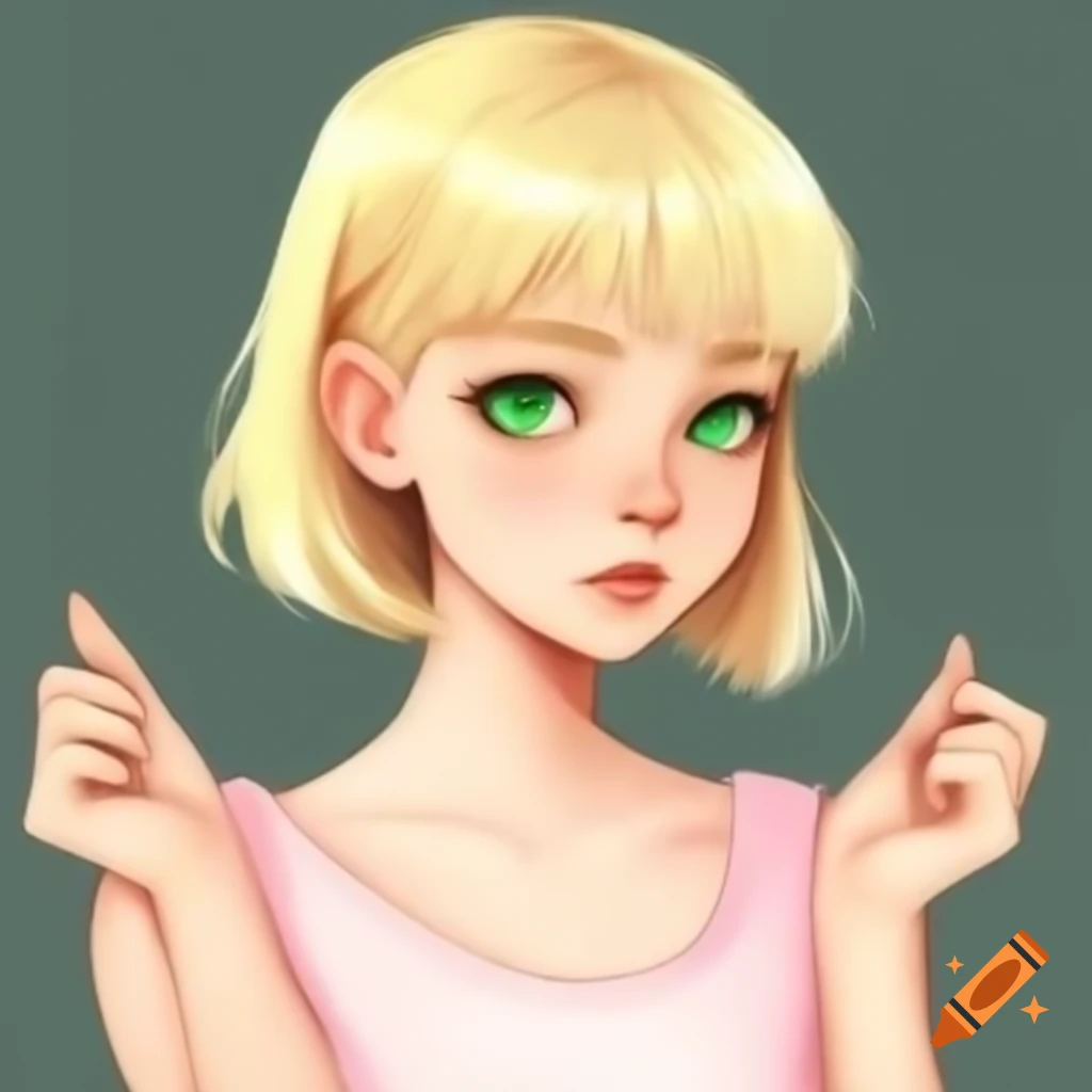 Anime girl with blonde hair and emerald green eyes wearing a pink sleeveless shirt
