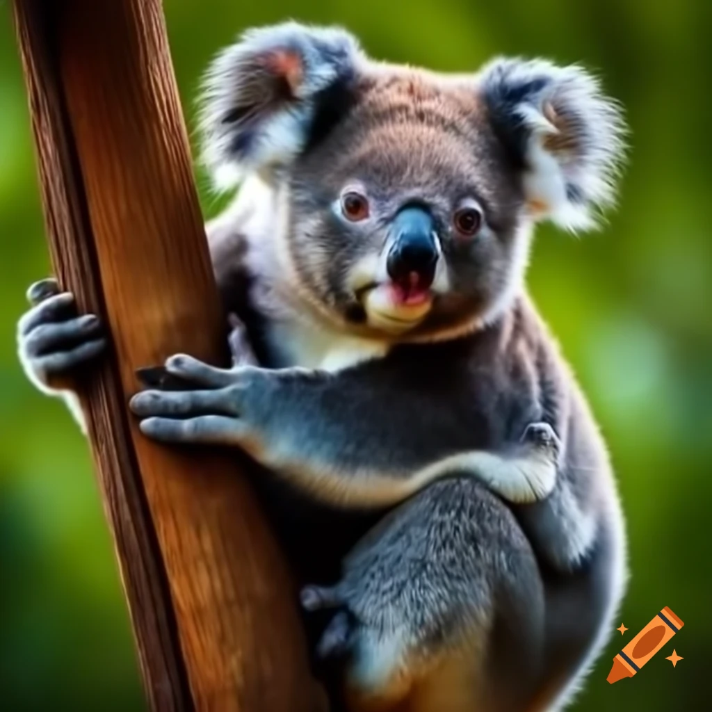 Koala climbing a tree in a lush forest
