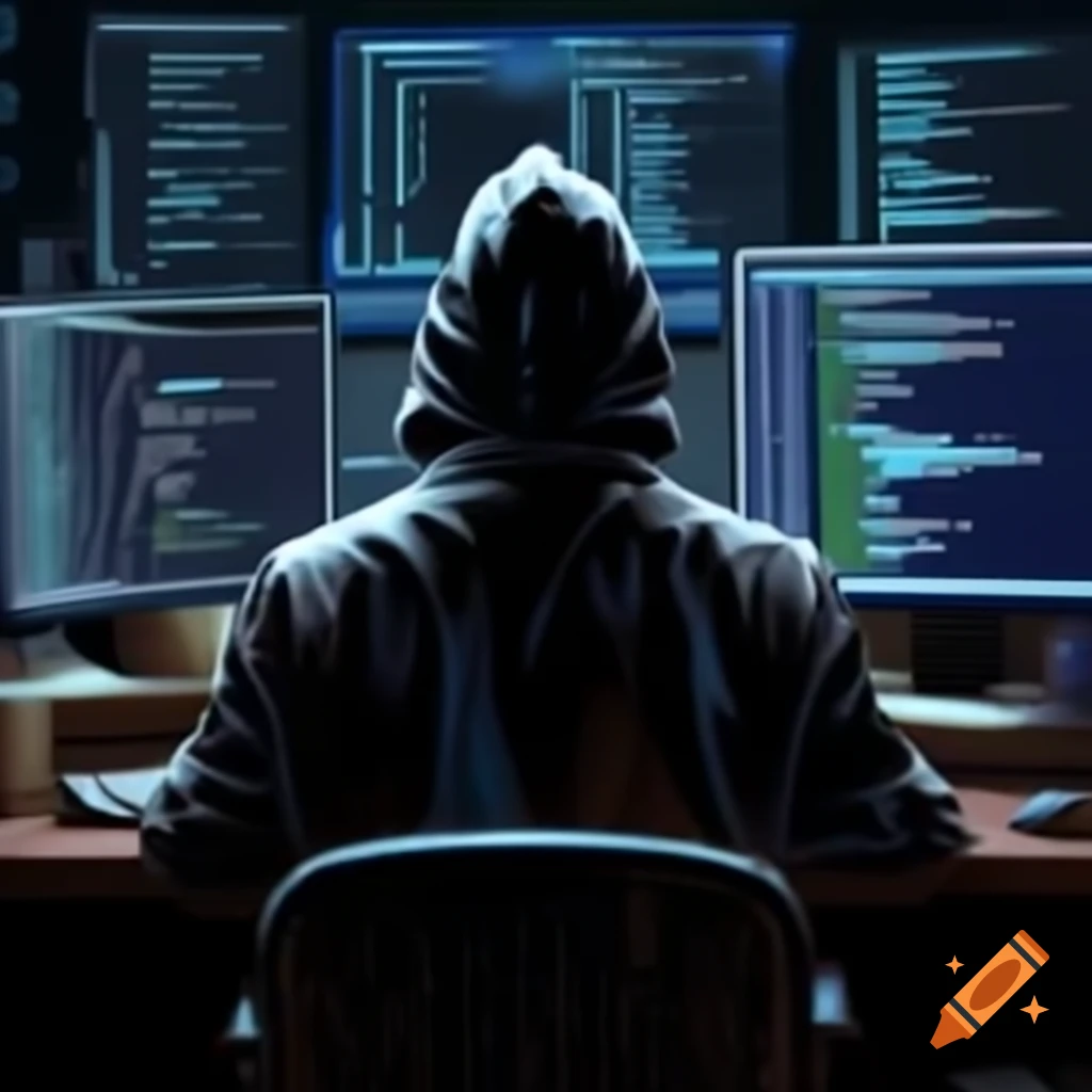 8-bit depiction of an anarchist coding at a computer desk