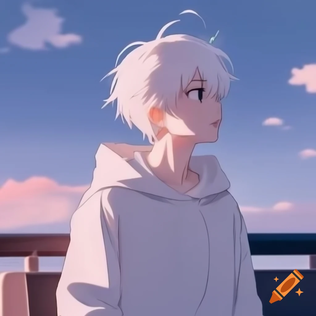 Anime boy with long white hair in full body view, wide angle perspective
