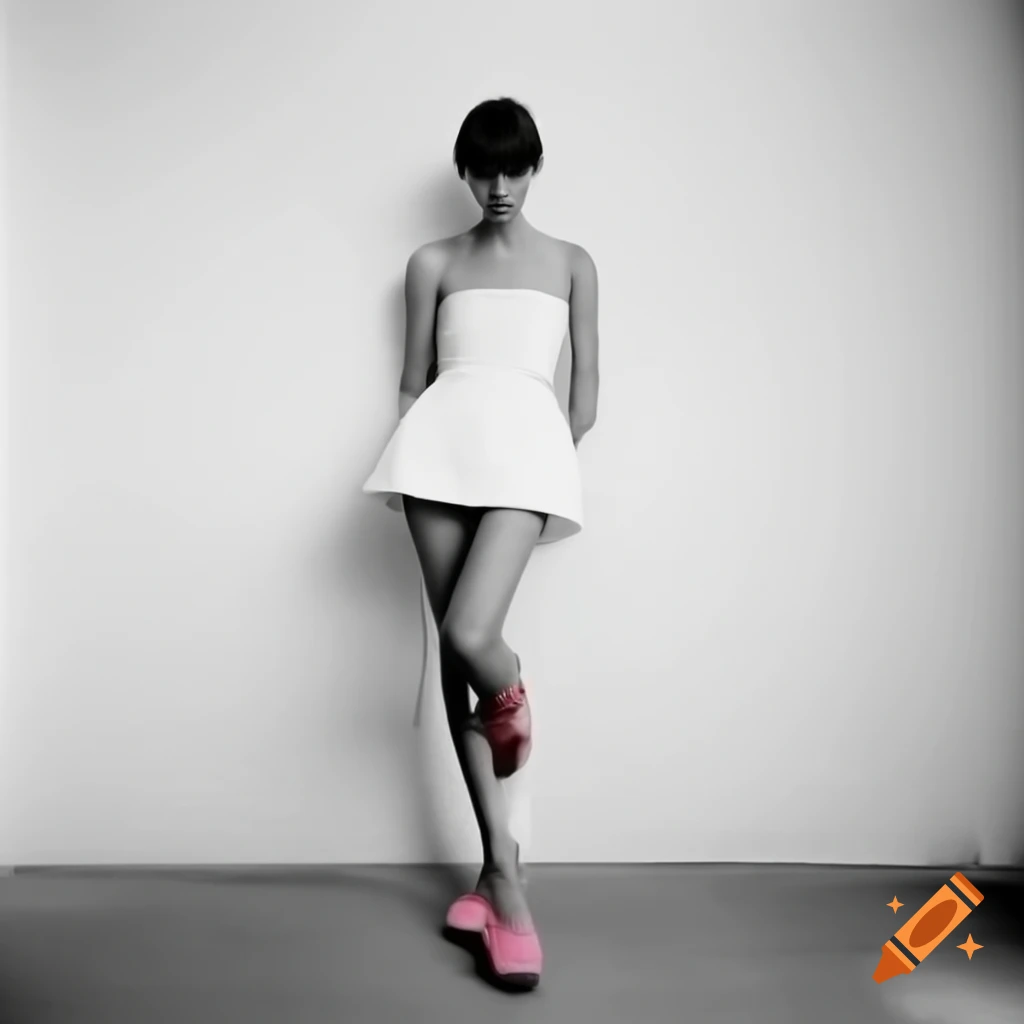 Full body photo of a woman in a mini white dress and pink sandals