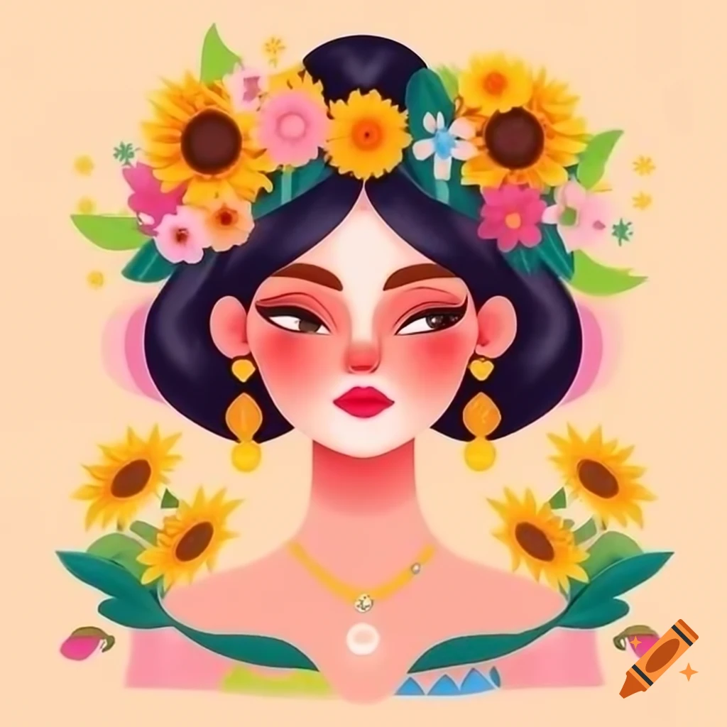 Woman with flower tiara made of sunflowers and pastel shades