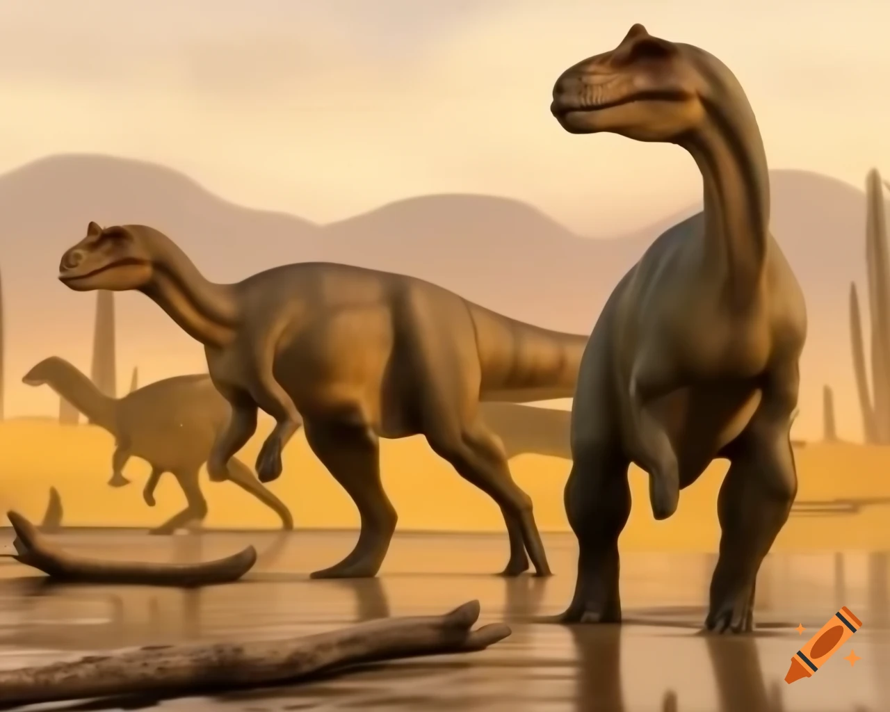 Three cinnamon-colored Hadrosaurus dinosaurs in a muddy flat with driftwood in bright morning light