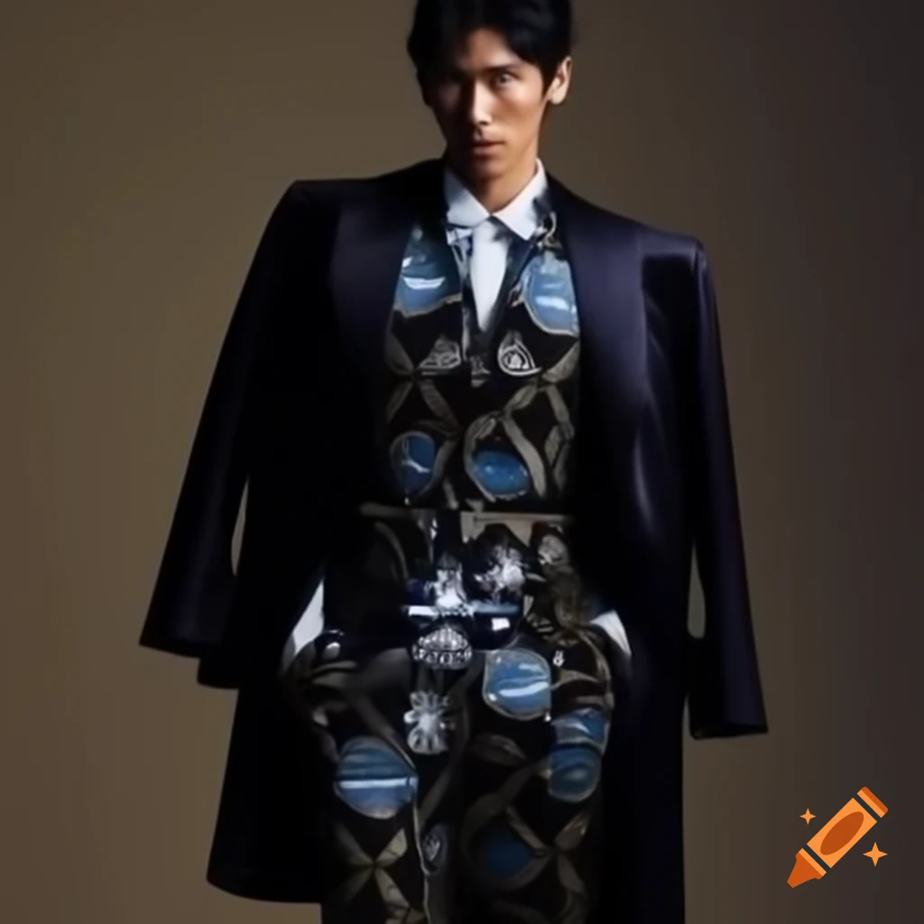 Model in luxurious tailored suits with modern Japanese-inspired prints