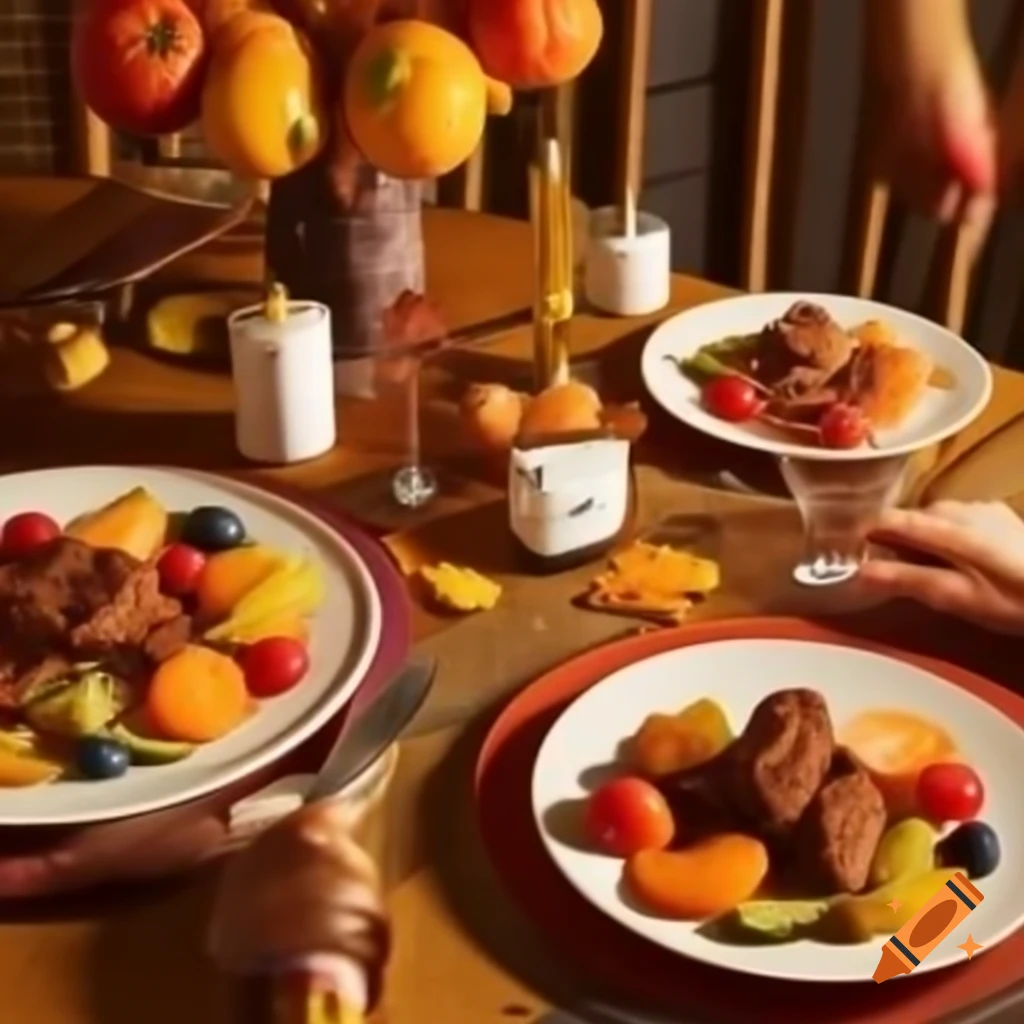 Autumn dinner with decorated plates, fruits, and fried meat