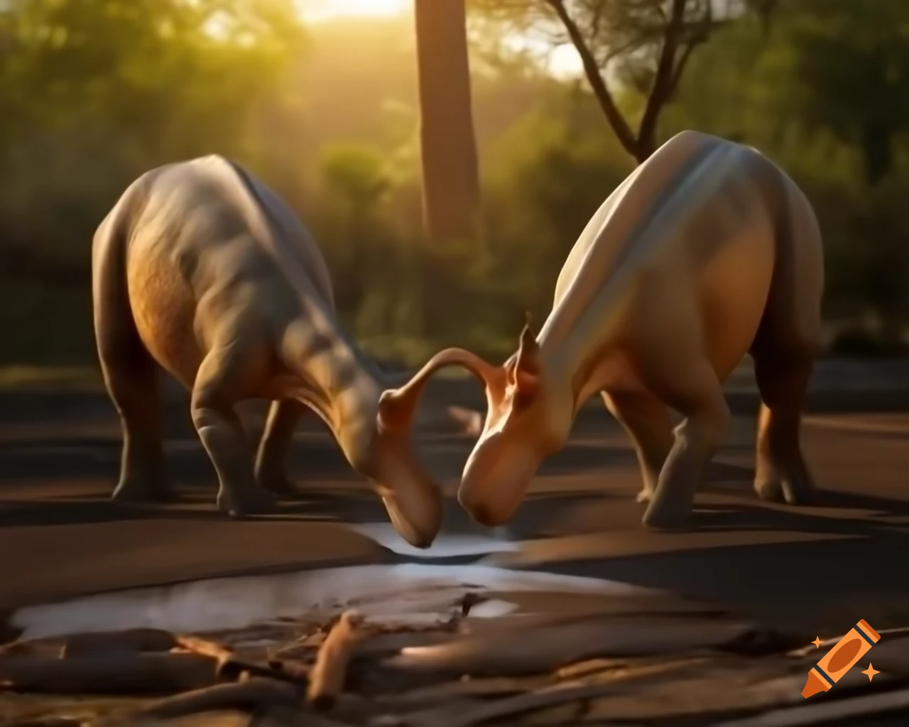 Hadrosaurus drinking in puddle under tree in sunny clearing