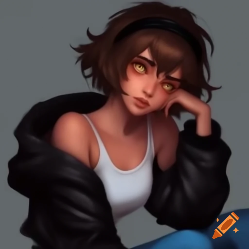 Cool woman with messy brown hair and relaxed expression in black jacket and blue jeans