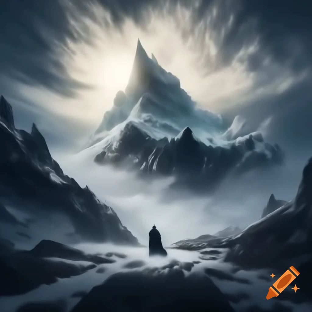 Snow-covered precipice with jagged peaks under pale winter sun