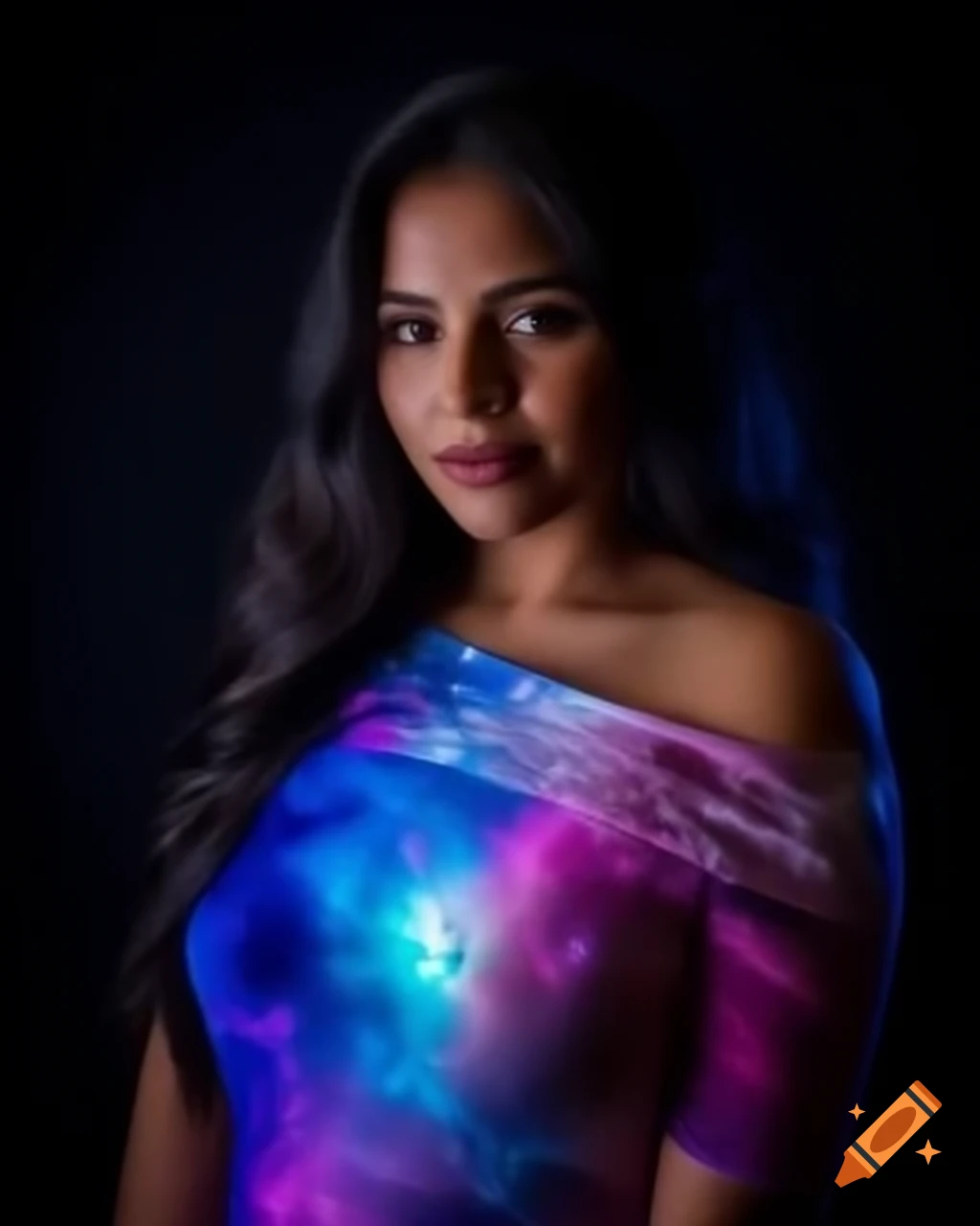 Woman in galaxy themed luminous dress, aesthetic fashion photography