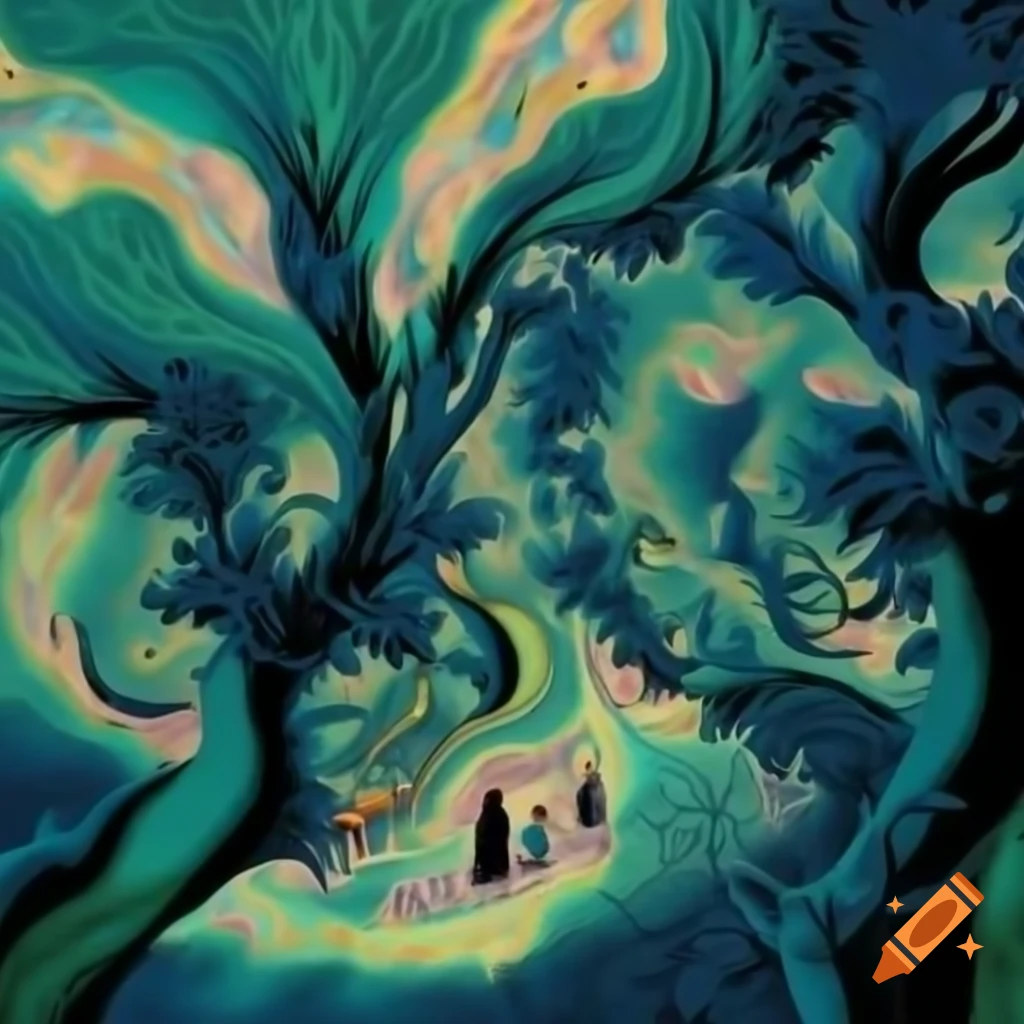 Surrealist nature landscape with people, featuring fractal patterns and bright colors