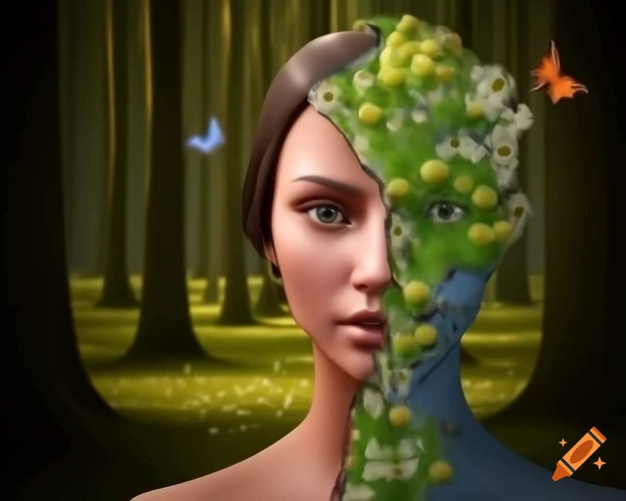 3D render of realistic woman's face in forest with old growth trees