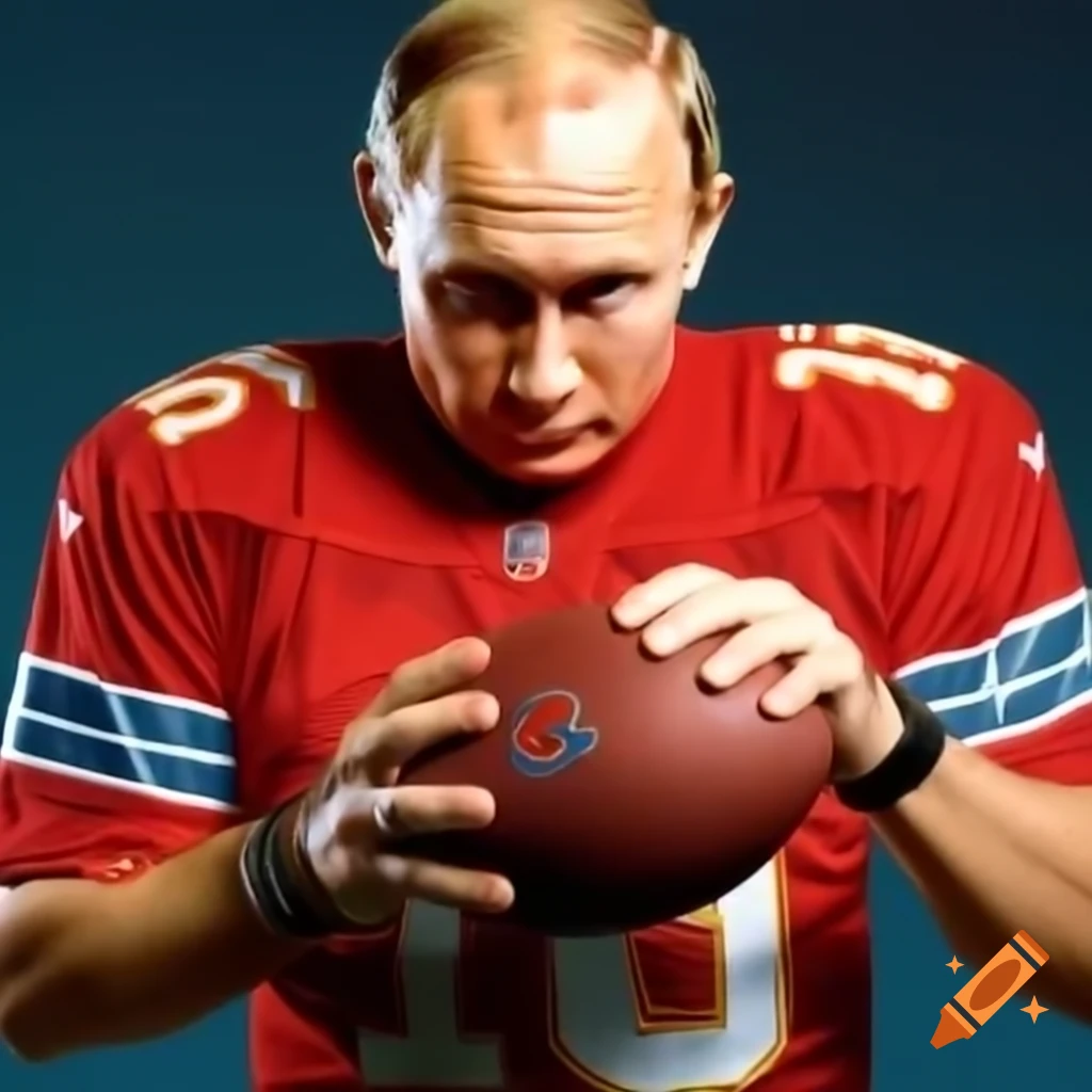 Vladimir Putin holding football in Soviet Union NFL jersey with hammer and sickle logo