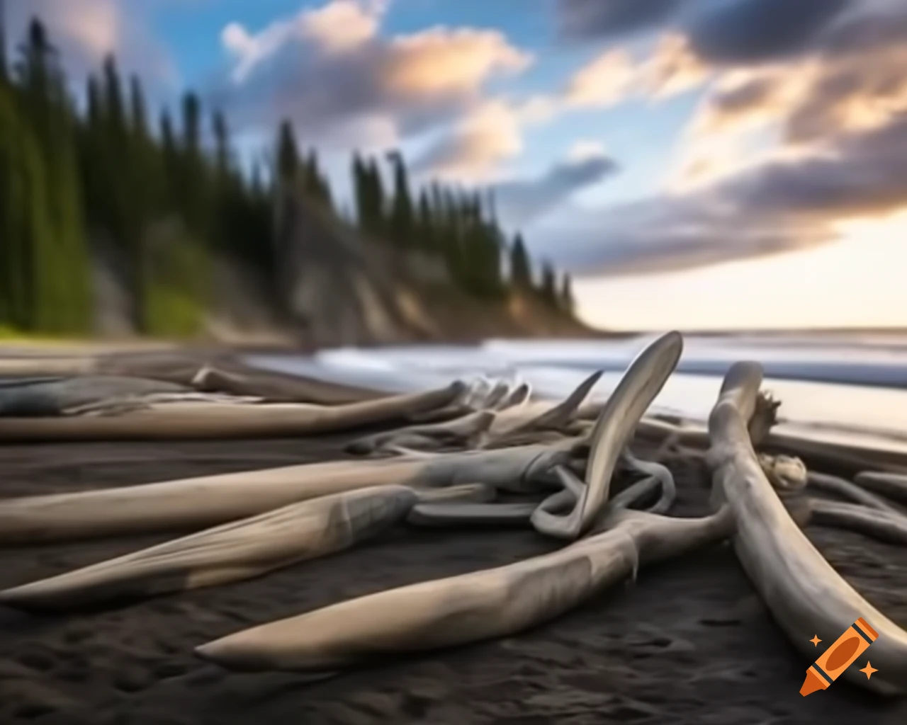Diplodocus walking along coast with driftwood and forested cliffs in British Columbia