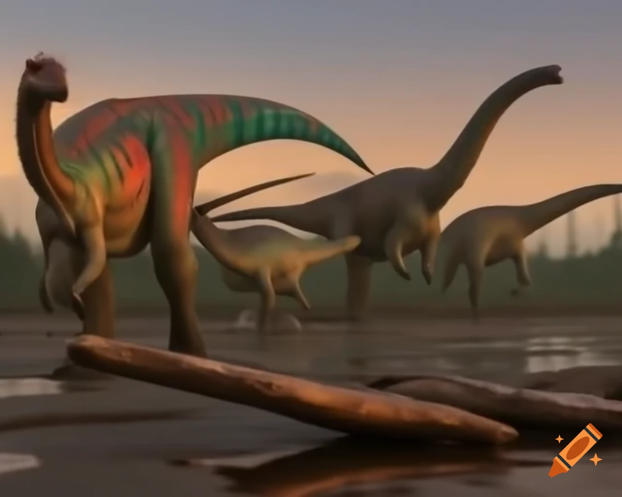 Three cinnamon-striped Hadrosaurus dinosaurs in a muddy landscape with driftwood in morning light