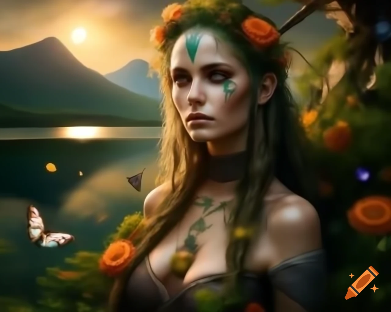 Hyperrealistic portrayal of a mystical Norse Celtic woman with flowers and butterflies in her hair