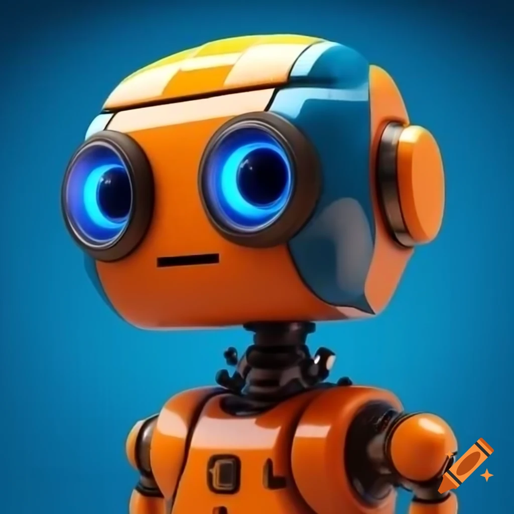 Blue and orange robot head with Latin features and large eyes