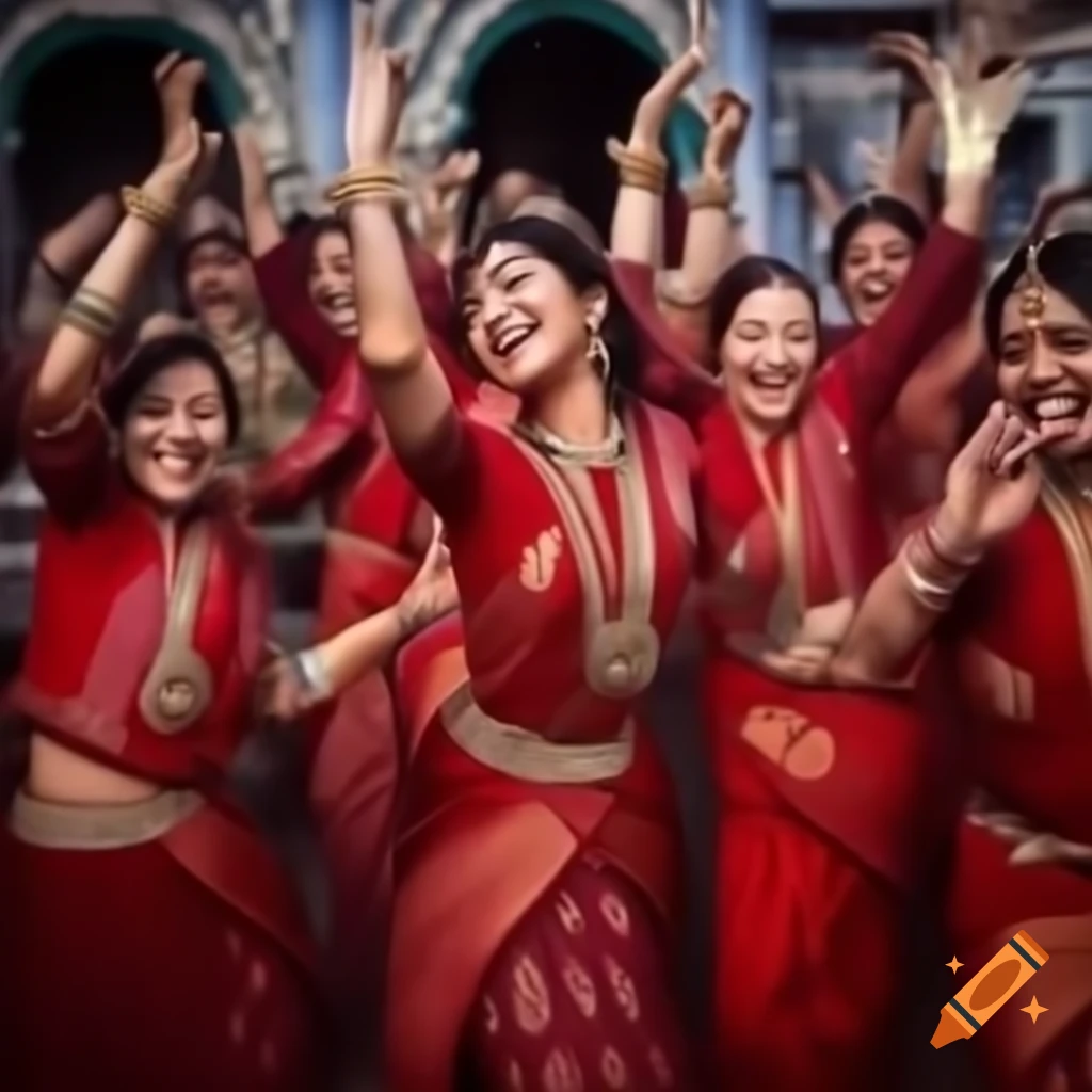 Nepalese women in red sarees dancing joyfully in Shiva temple courtyard
