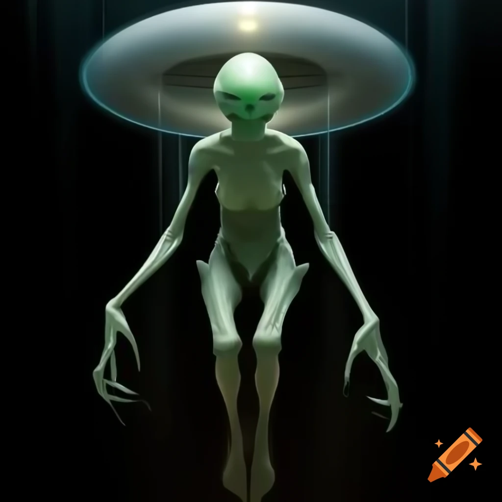 Realistic alien suspended in light beam from UFO, humanoid with gray-green skin