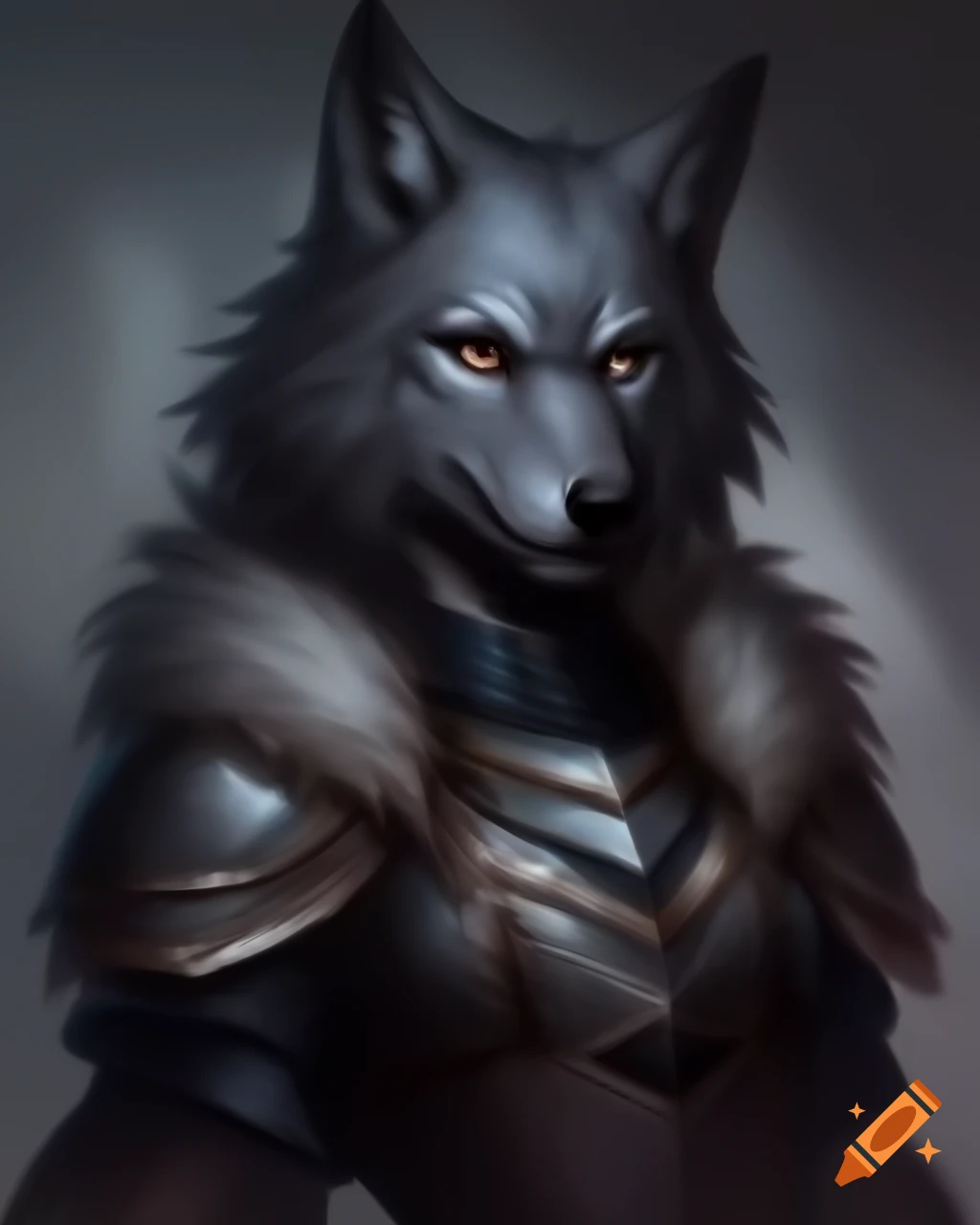 Anthropomorphic female wolf in armor and silver circlet, stylized portrait