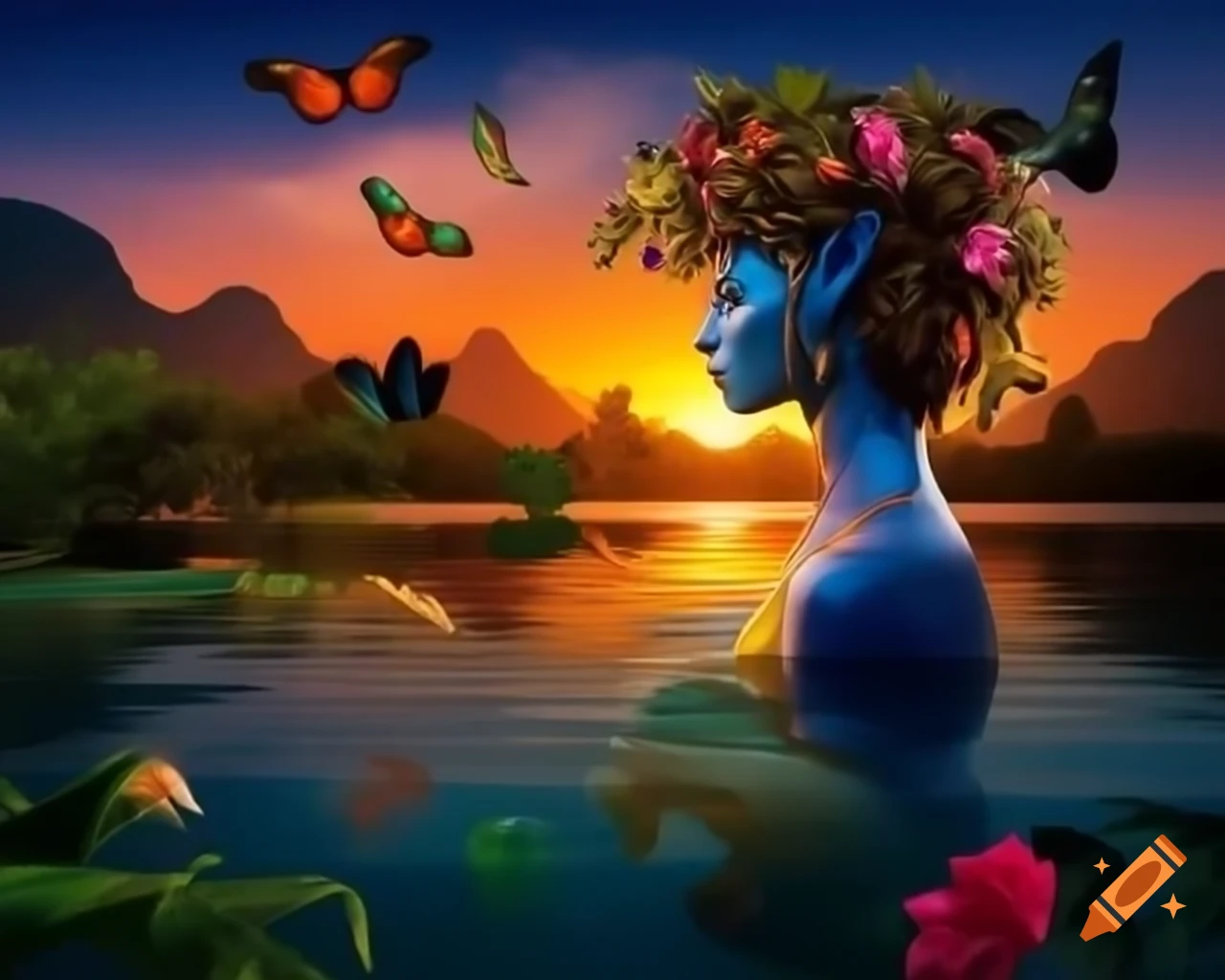 Beautiful woman in tropical paradise with colorful objects and butterflies, surreal wig shimmering in sunset