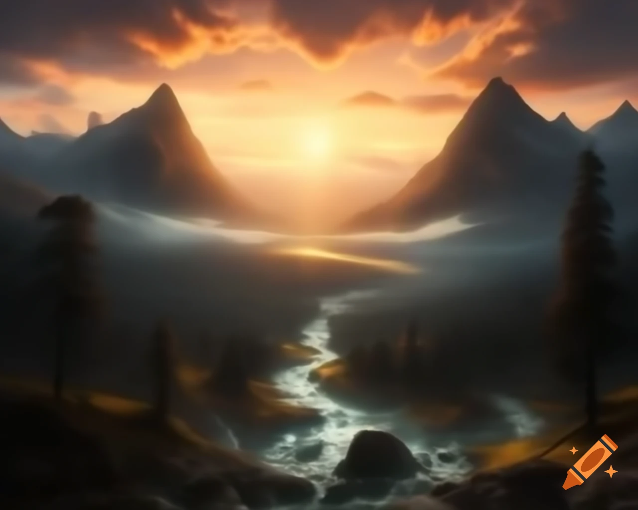 Majestic mountain range towering over winding river