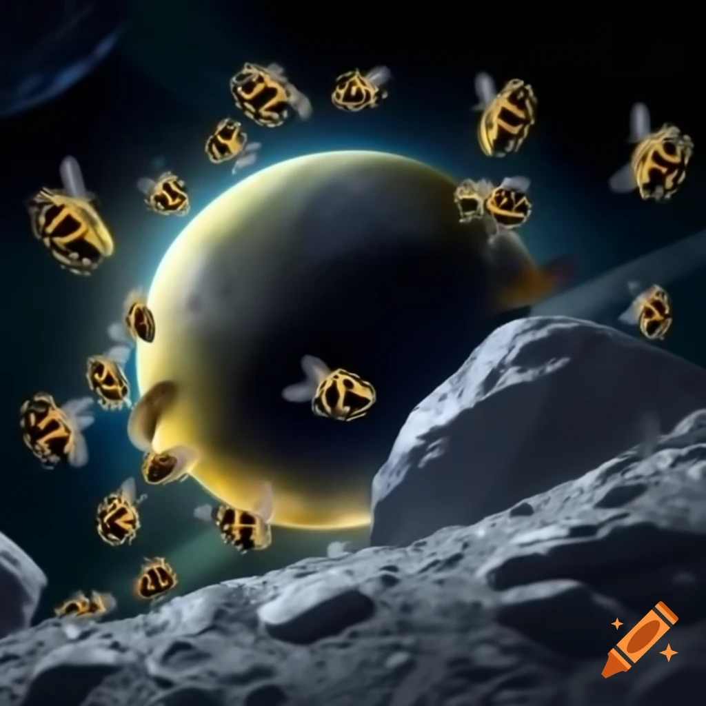 Robot bees celebrating a party on a space asteroid