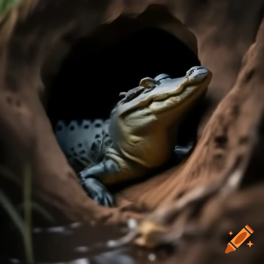 Alligator emerging from deep vertical hole in the ground