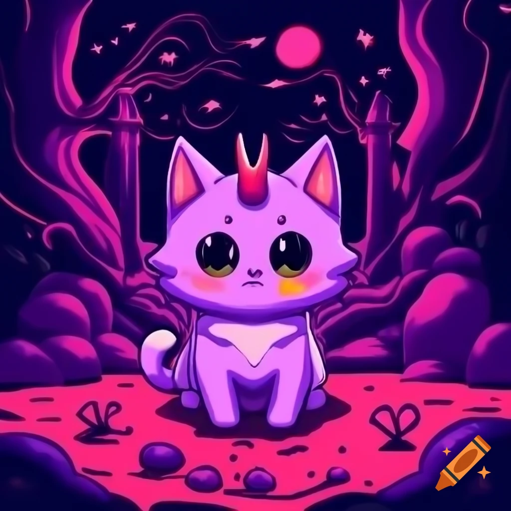 Cute devil-horned kitten in pink and purple themed hell scenery, anime cartoon style