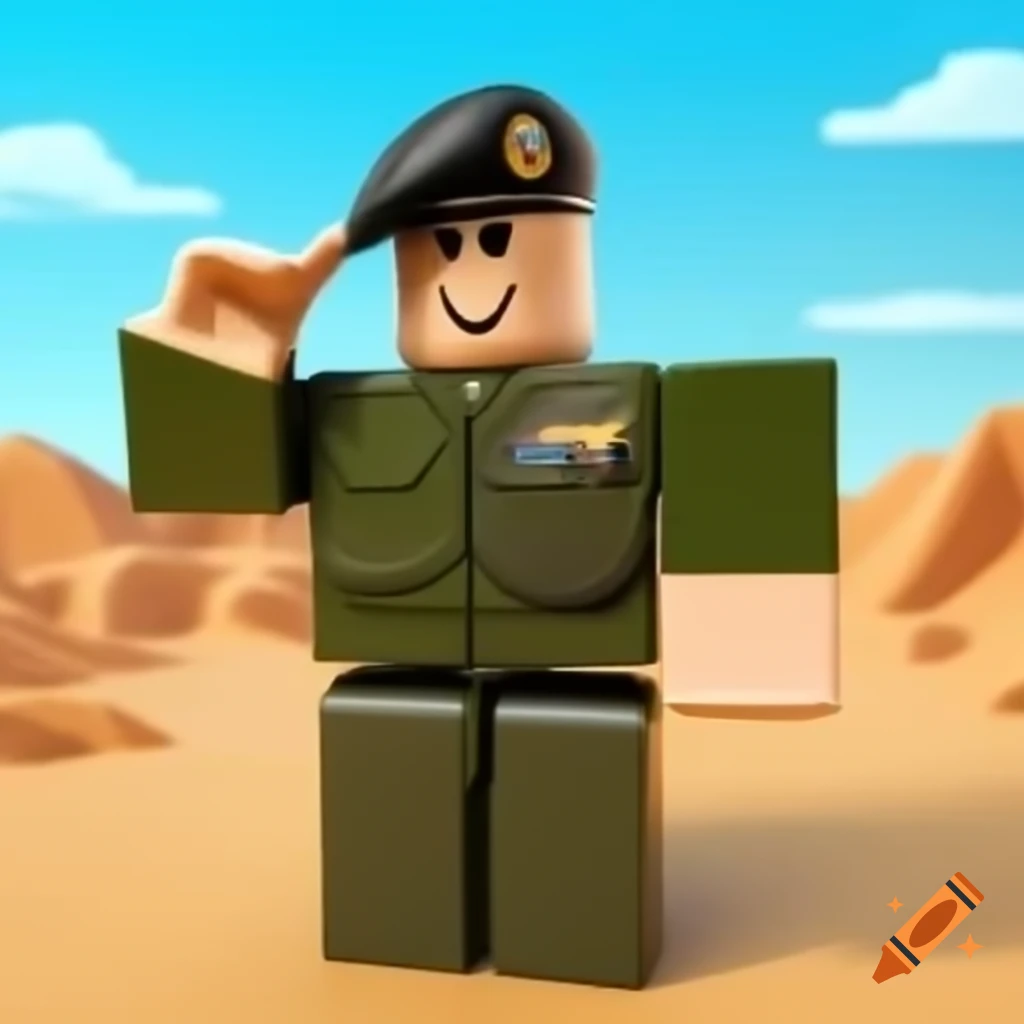 Roblox military soldier saluting in a desert setting