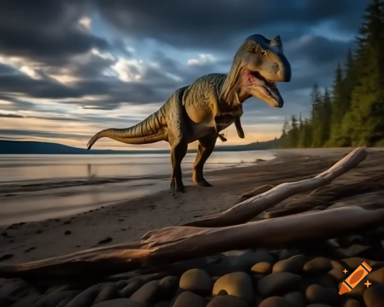 Hadrosaurus dinosaur walking along British Columbia coast at golden hour