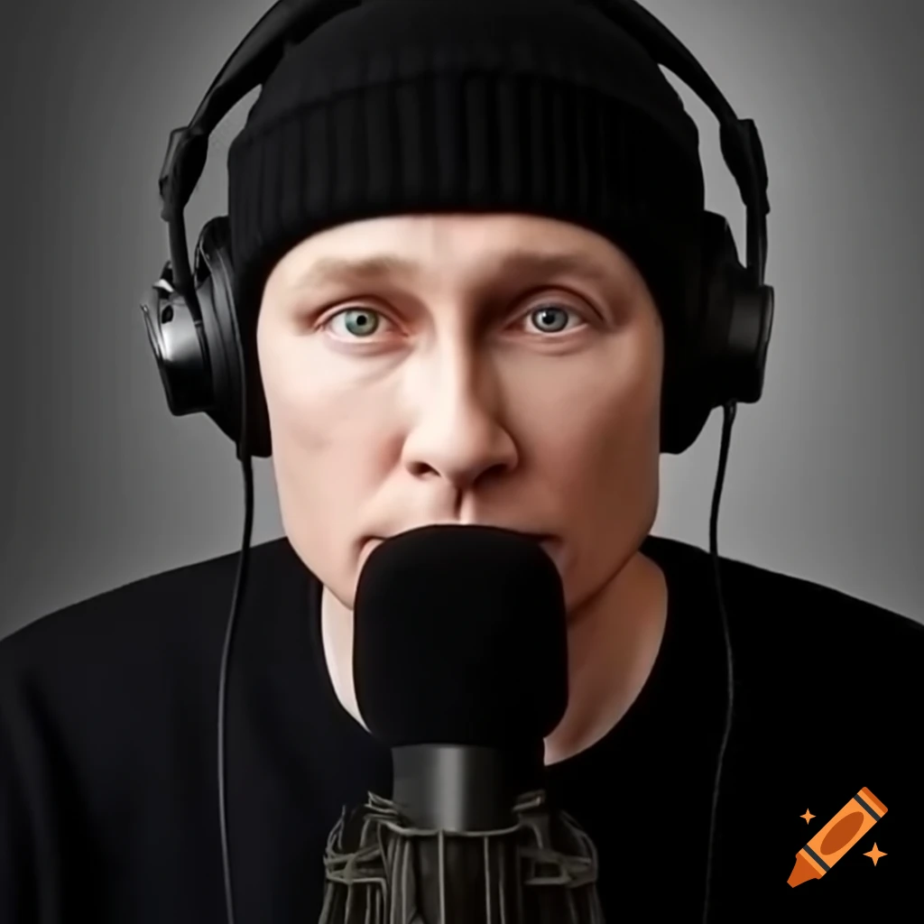 Satirical portrayal of a man in a knit cap and headphones hosting a podcast with a microphone