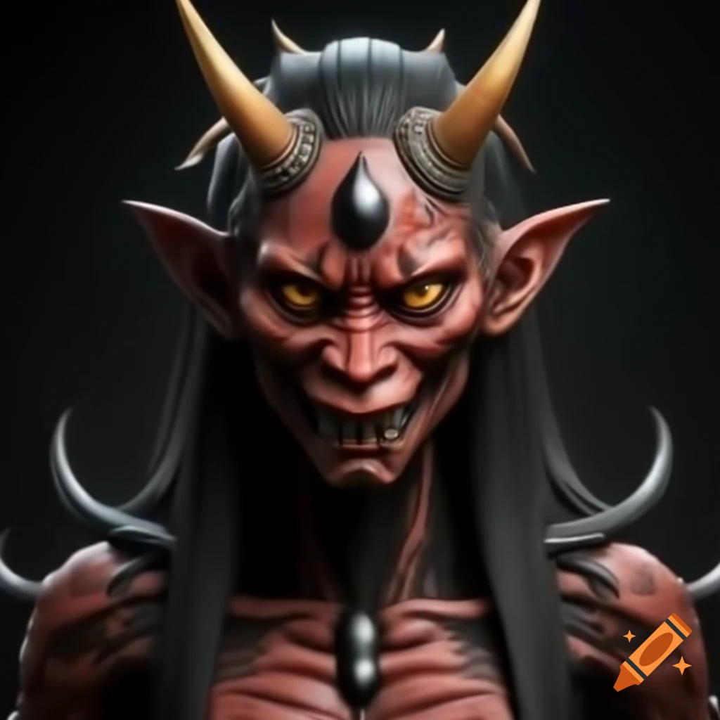 Hyper-realistic portrayal of Japanese female demon with big eyes and stern expression