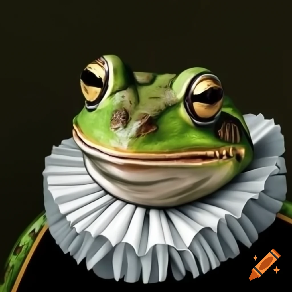 Renaissance portrait of frog wearing a ruff collar