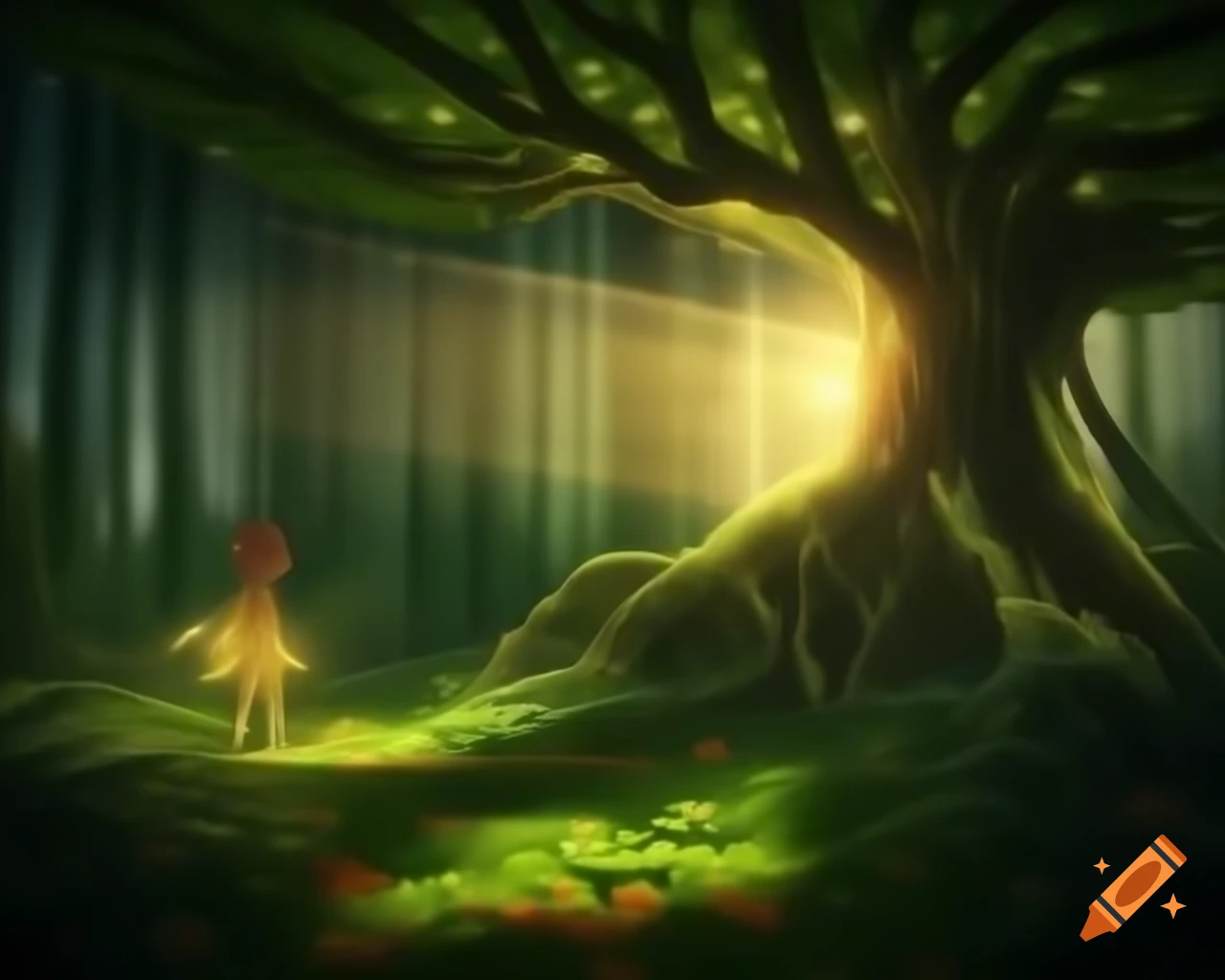 Photorealistic 3D render of a fairy in a forest with natural greens and warm oranges