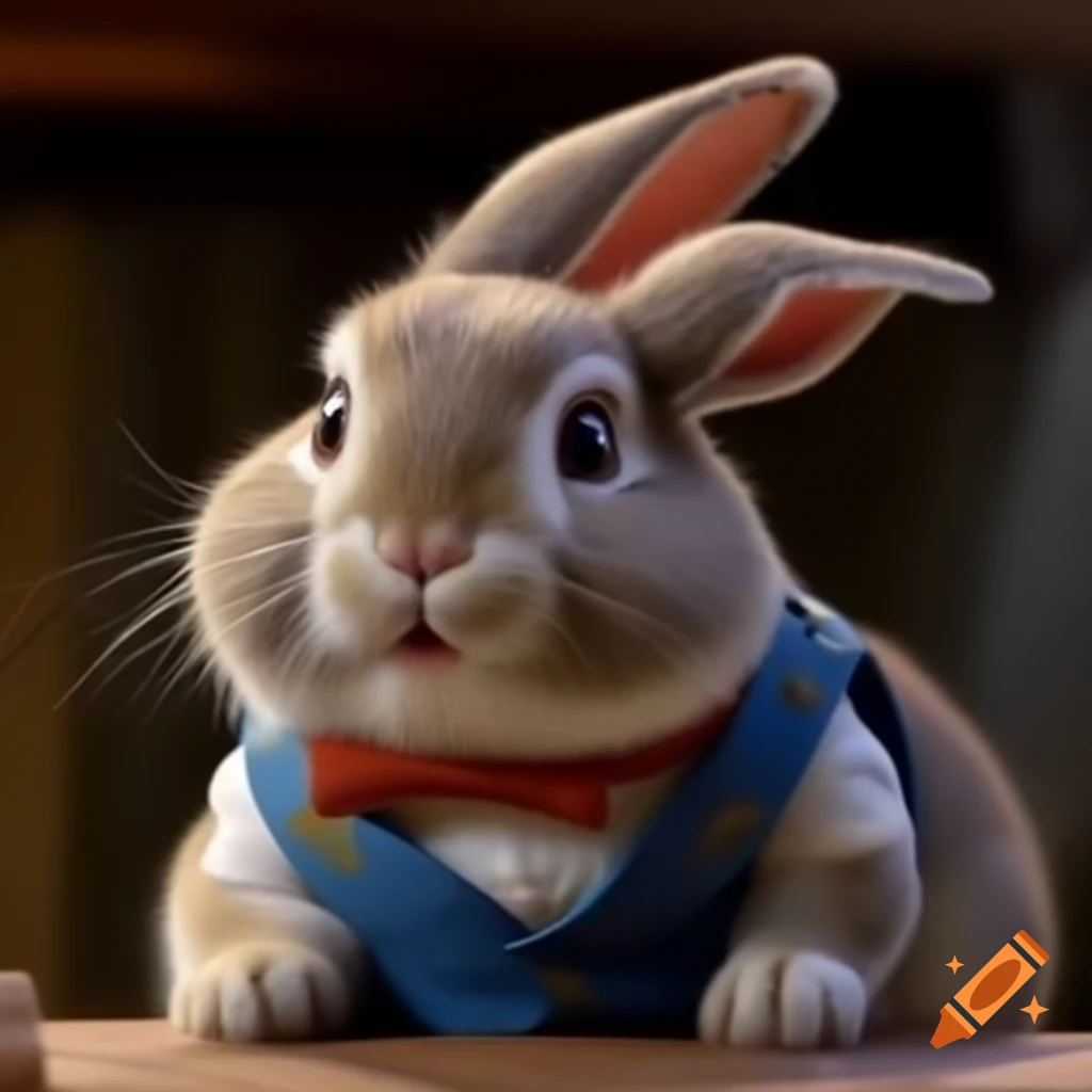 Grey rabbit with one ear in blue waistcoat