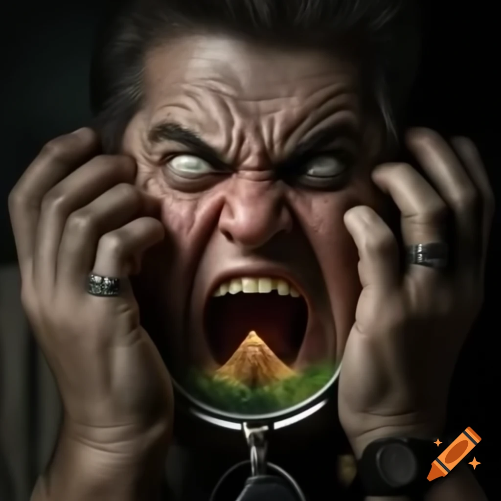 Angry person in desolate landscape holding pocket watch