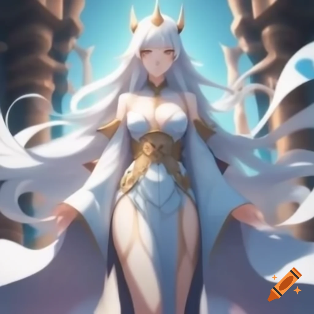 3D animated character design of Liora, an elegant female figure with silver hair and blue eyes
